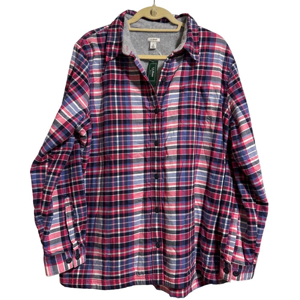 LL Bean Fleece Lined Flannel Shirt Plaid Dusty Navy Pink XL NWT